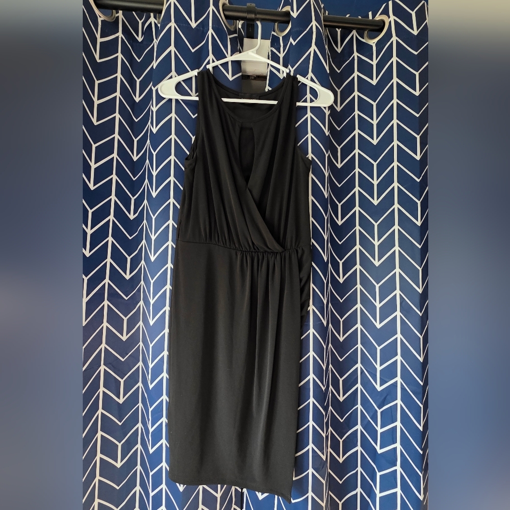 Max & Cleo Black Sleeveless Faux-Wrap Midi Dress with Elastic Waist